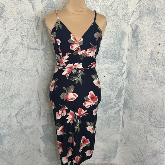 J for Justify Black and Pink Floral Bodycon Midi Dress size S - Picture 1 of 8